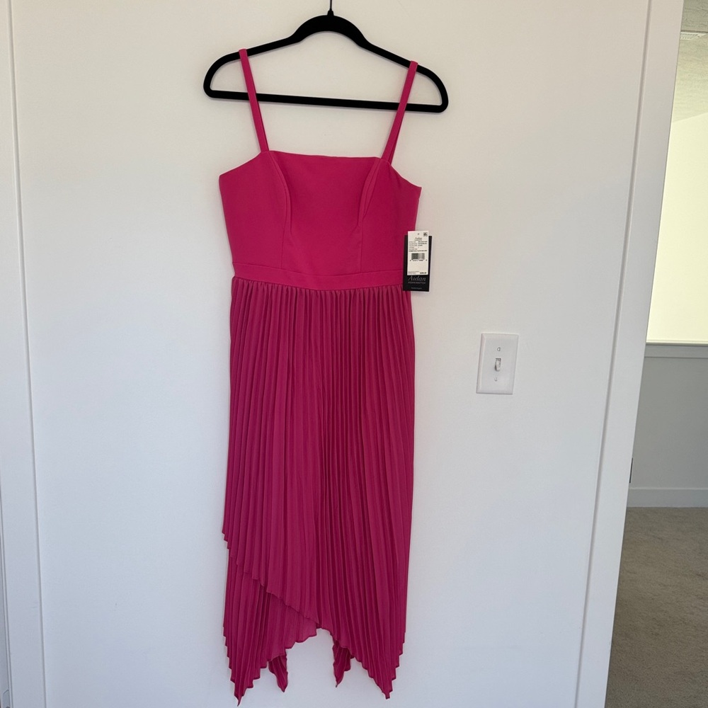 Aidan Mattox NWT Watermelon Pink Asymmetrical Pleated Midi Dress - Size 4 - Picture 2 of 9